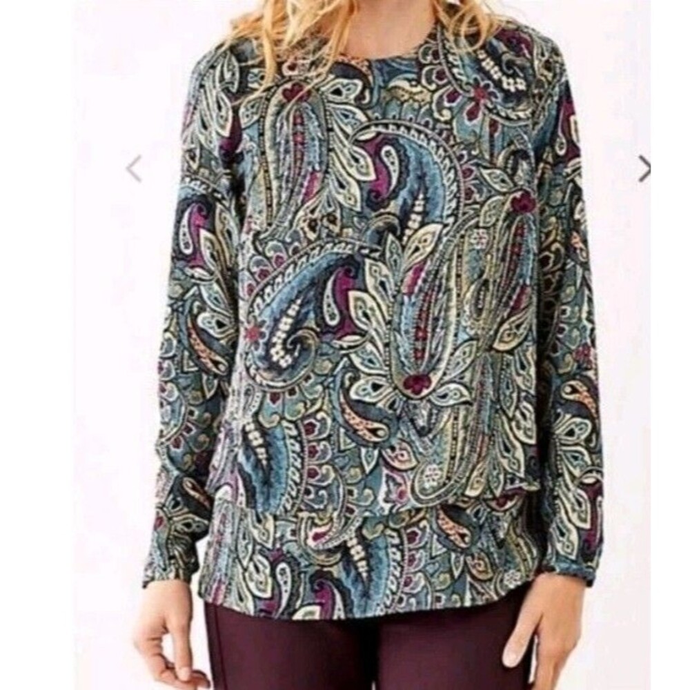 J Jill Paisley Print Long Sleeve Blouse Layered Look Medium‎